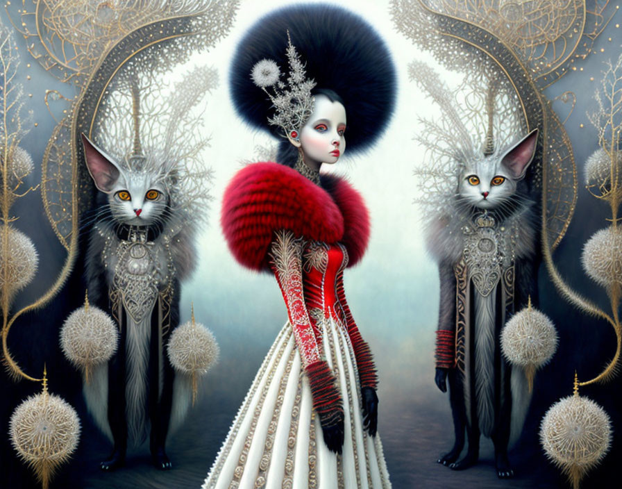 Ethereal artwork featuring central figure in regal attire with aristocratic cats.