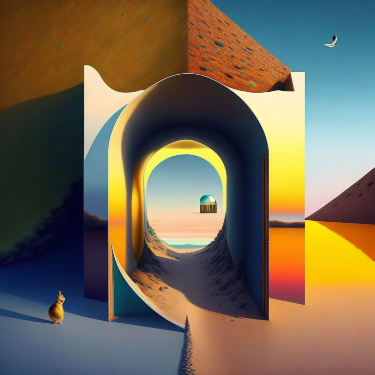 Surreal desert landscape with layered arches, beach scene, fox, geometric shapes, shadows,