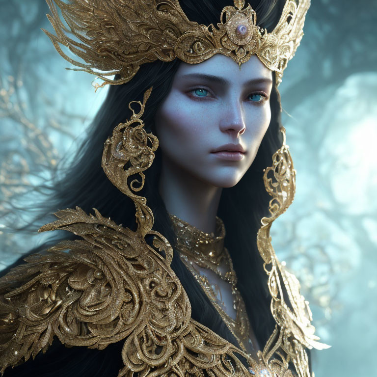 Ethereal female figure with blue eyes and golden armor in misty setting