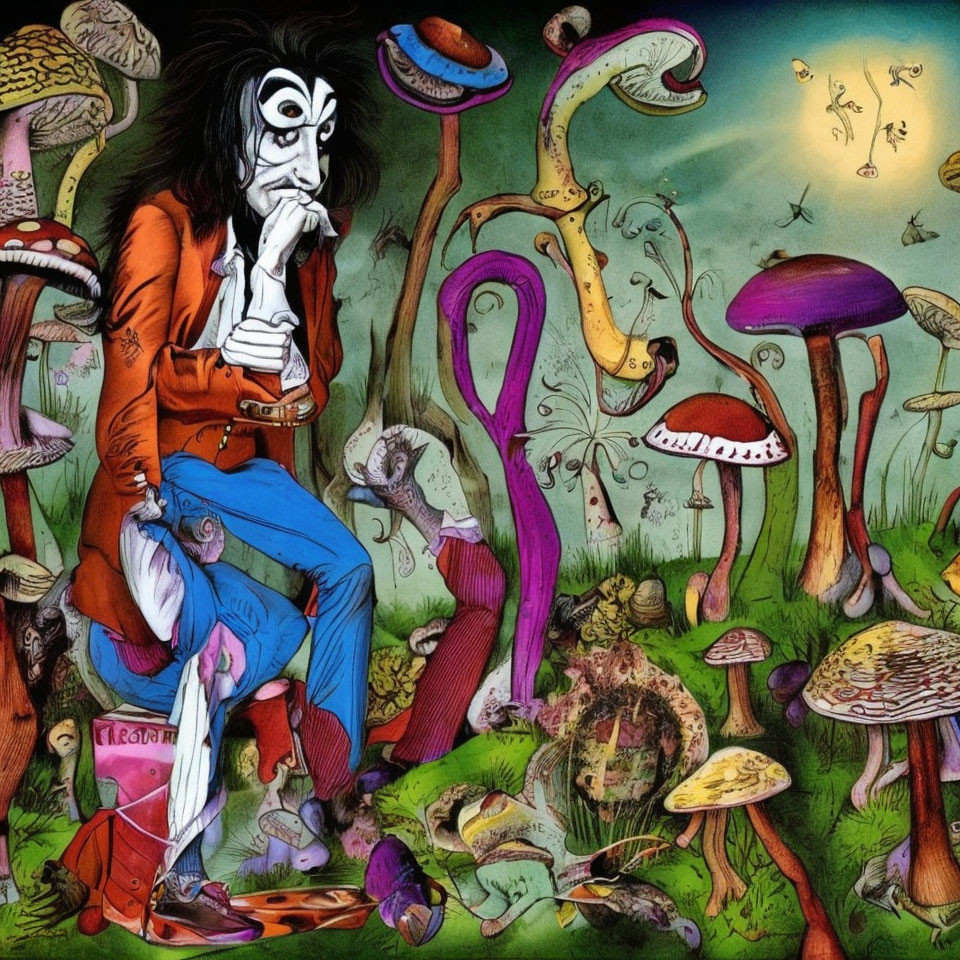 Colorful Character Surrounded by Mushrooms and Creatures