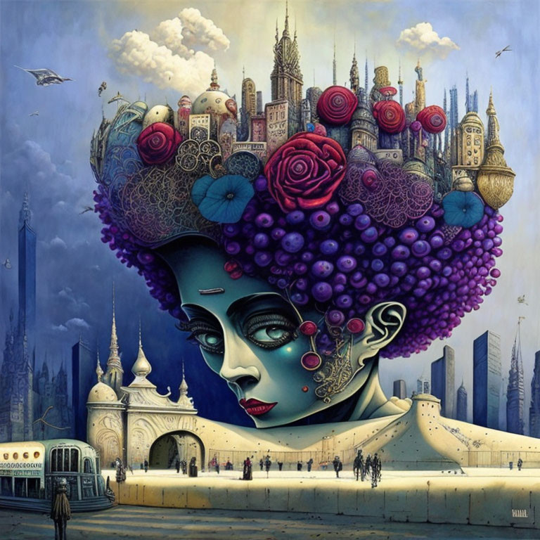 Woman's face fantasy artwork with colorful cityscape and clouds as headpiece.