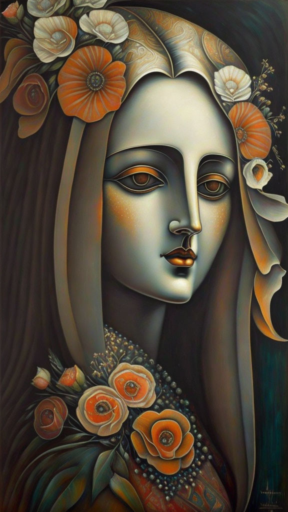 Stylized woman with floral headpiece in warm tones