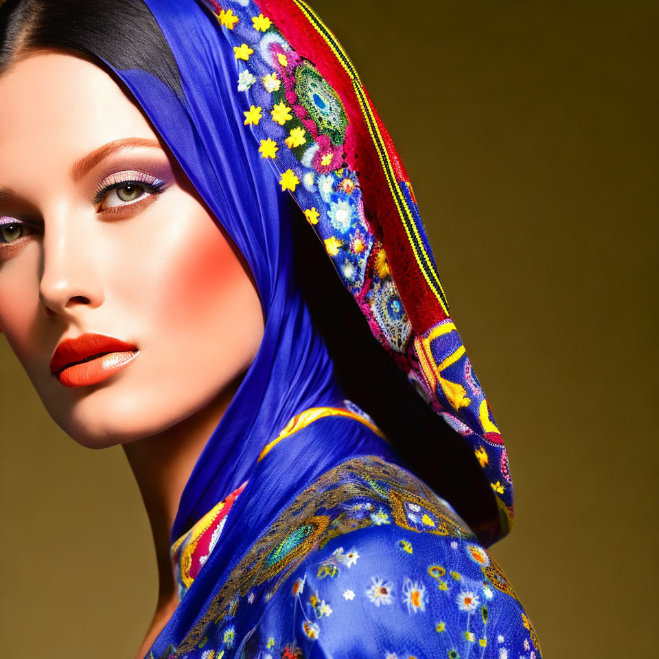 Colorful headscarf and striking makeup on woman against golden background