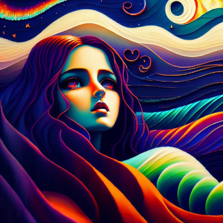 Colorful Stylized Portrait of Woman with Flowing Hair in Swirling Night Sky