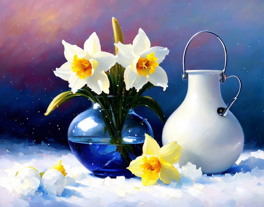 Yellow Daffodils in Blue Vase Still Life Painting with Snowy Backdrop