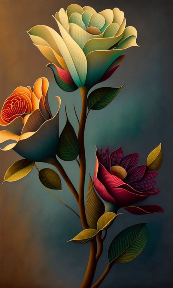 Stylized flowers with gradient petals on dark background