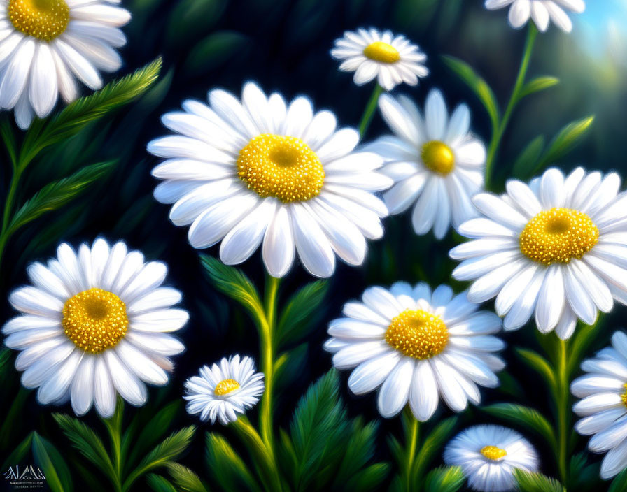 White daisies with yellow centers on dark background