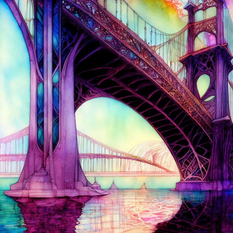 Colorful Art Nouveau-inspired bridge illustration with intricate details and kaleidoscopic backdrop