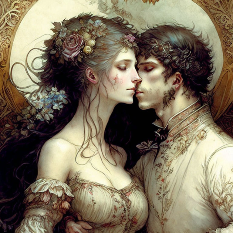 Romantic couple in close embrace with intricate floral details.