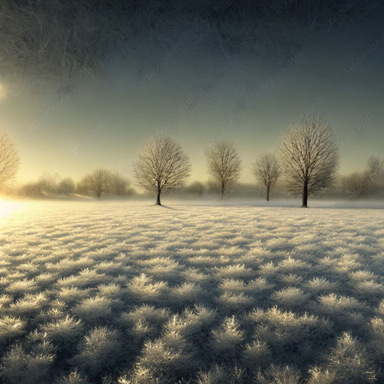 Frost-covered winter landscape with leafless trees at sunrise or sunset