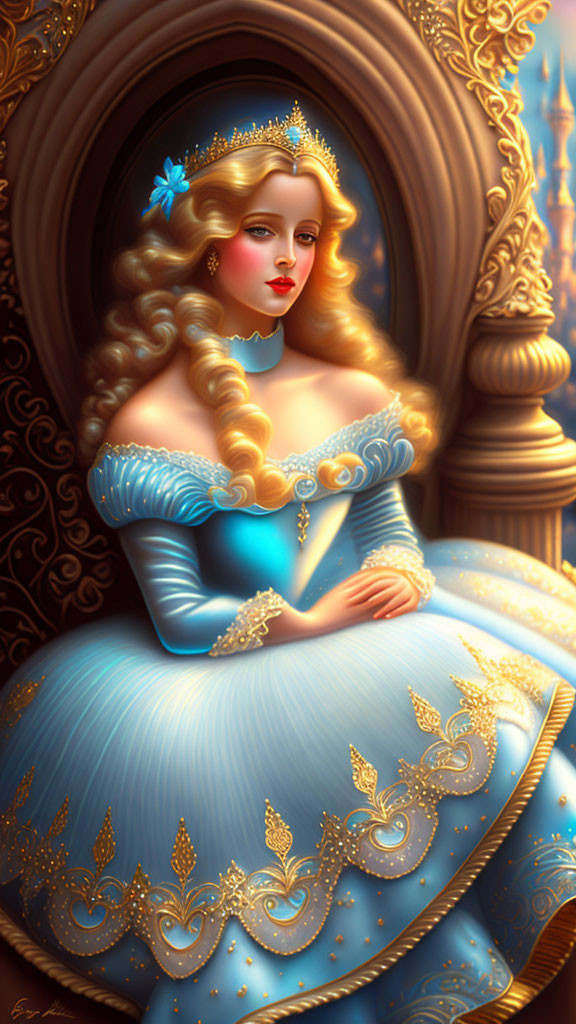 Golden-curled princess in blue gown by castle window