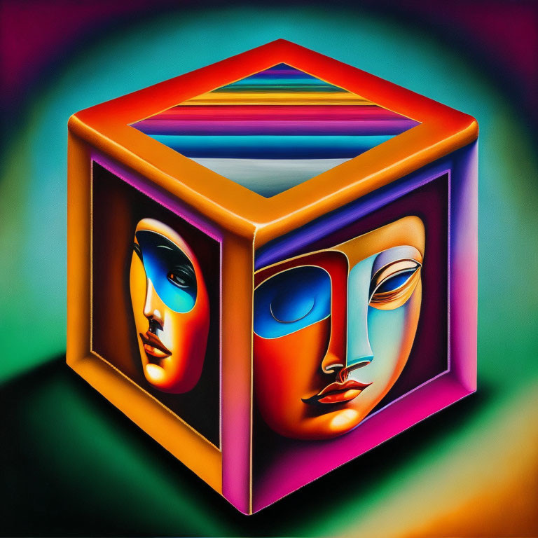 Colorful Surrealist Painting: Geometric Cube with Human-like Faces