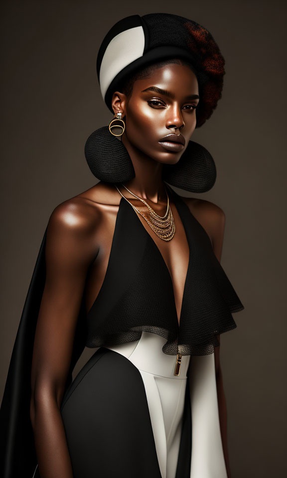 Dark-skinned woman in elegant black and white outfit with hoop earrings and avant-garde hat