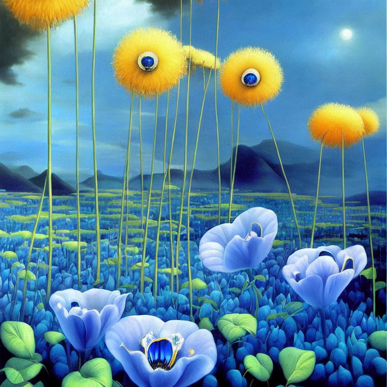 Surreal landscape with blue flowers and eye-stalked yellow plants under moonlight