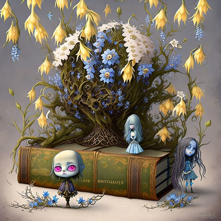 Fantastical creatures and tree on open book illustration