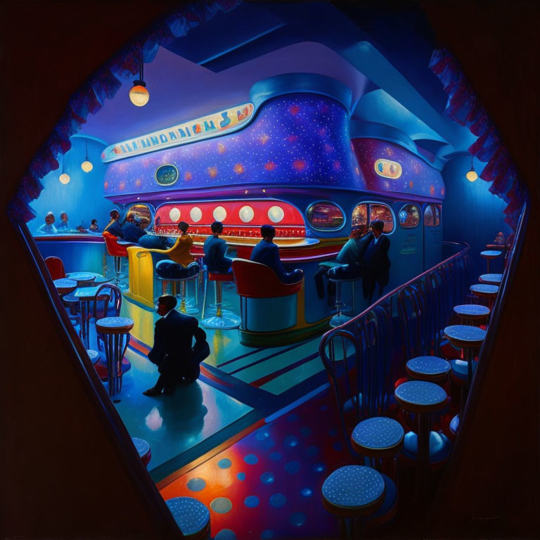 Retro-futuristic diner scene with cosmic themes & vibrant colors