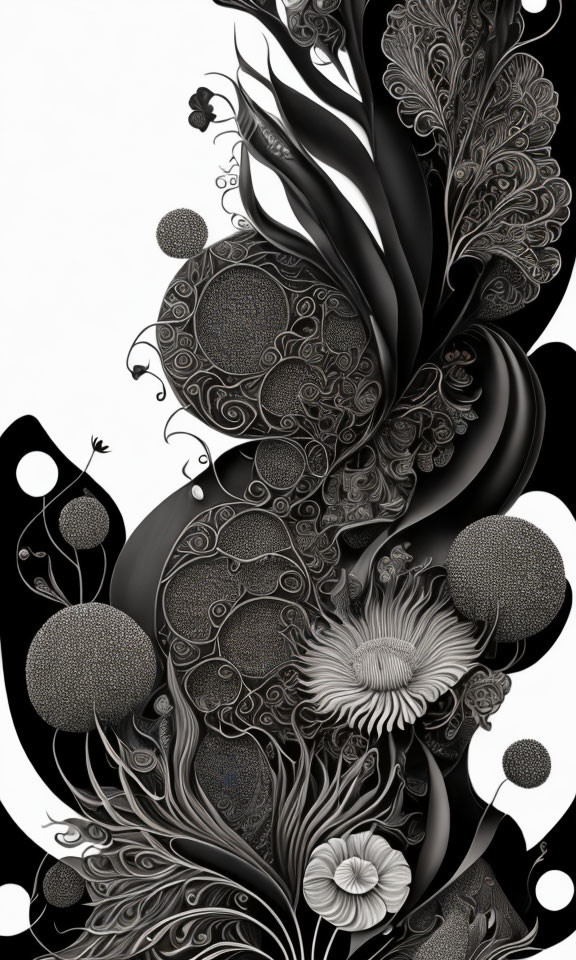 Monochromatic floral and organic patterns with swirls and spheres on white background