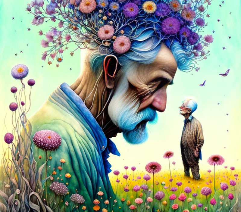 Colorful Illustration of Elderly Man with Flower Crown in Whimsical Floral Landscape