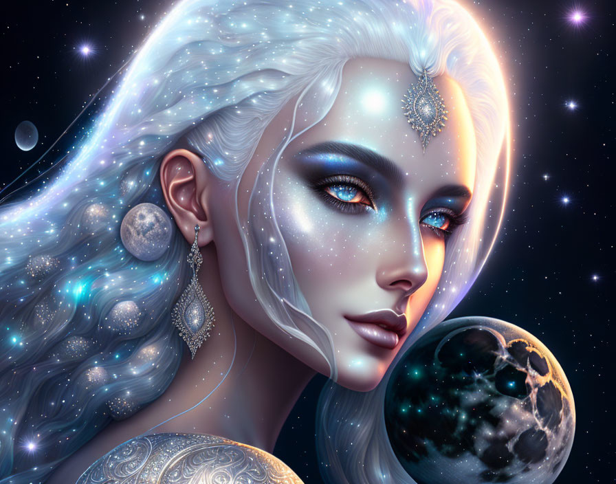 Celestial-themed portrait of a female figure with sparkling blue eyes and star-adorned hair holding a