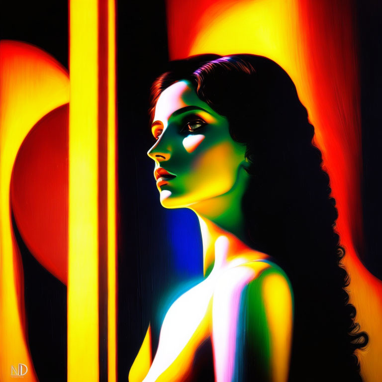 Vibrant digital portrait with neon hues and pronounced shadows