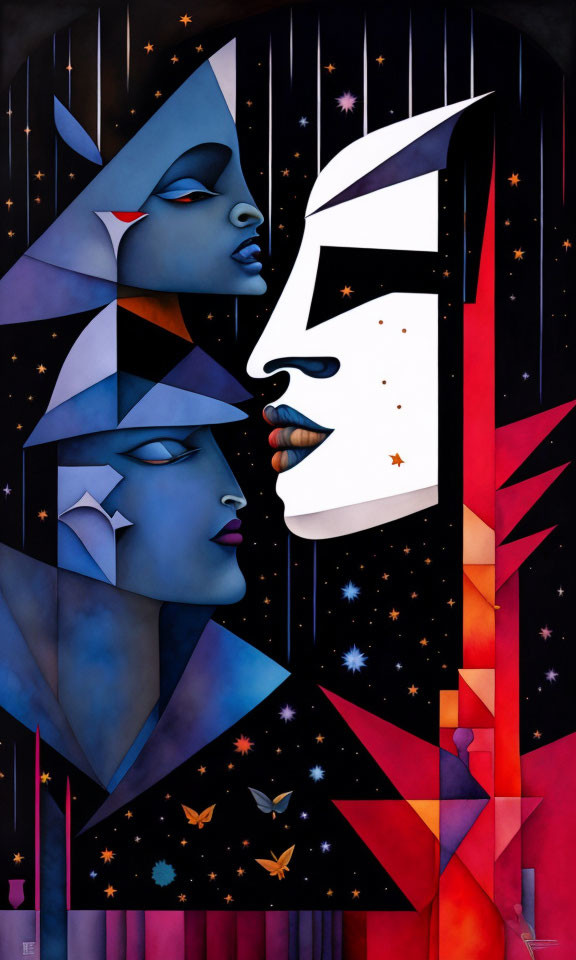 Stylized profile faces in cool blues and warm reds with stars and butterflies