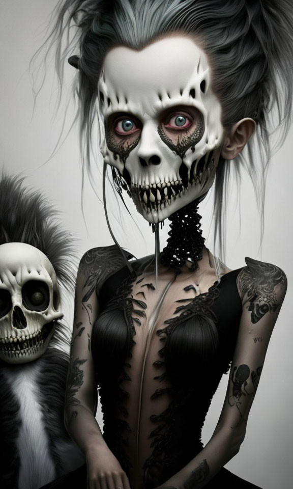 Gothic surreal art: skeletal face, tattoos, skull backdrop