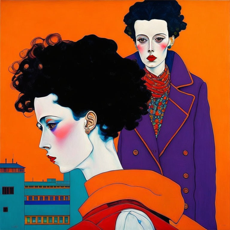 Stylized women with vibrant makeup and elegant attire on orange backdrop and urban scene.