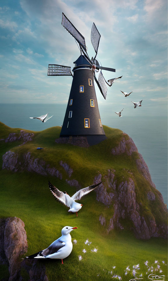 Scenic windmill on grassy cliff with seagulls by the sea