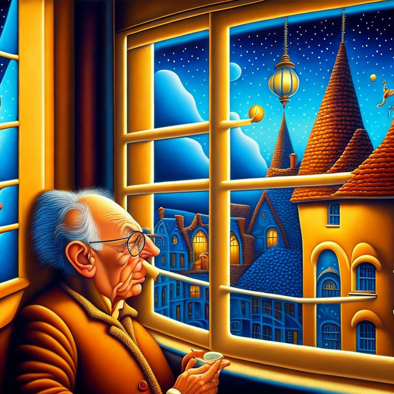 Elderly person with glasses looking out whimsical night scene