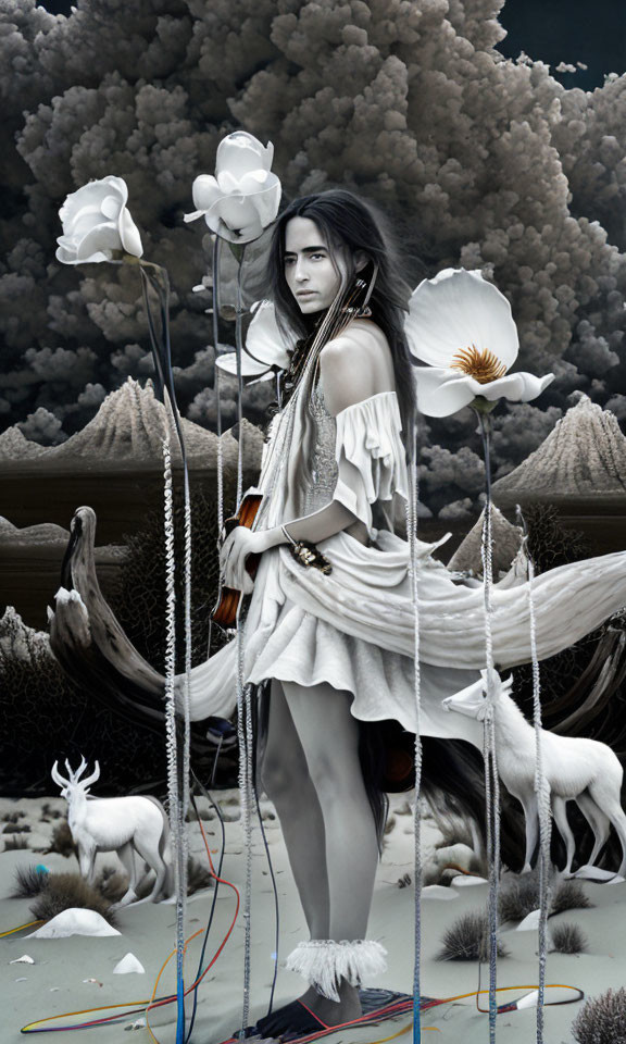 Long dark hair person in white dress surrounded by white roses and deer in surreal monochromatic setting.