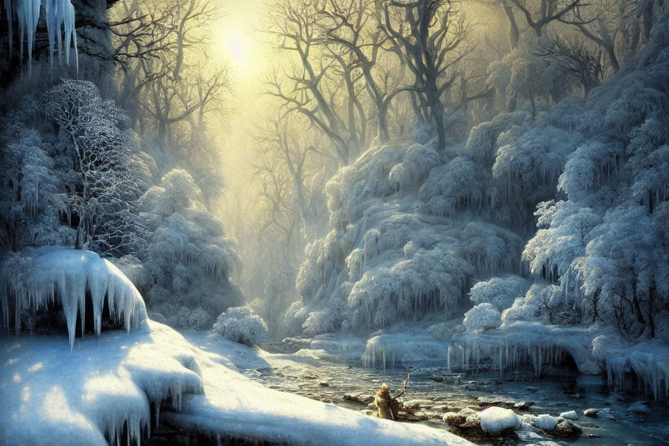 Snow-covered trees, frozen river, icicles, and warm sunlight in serene winter landscape