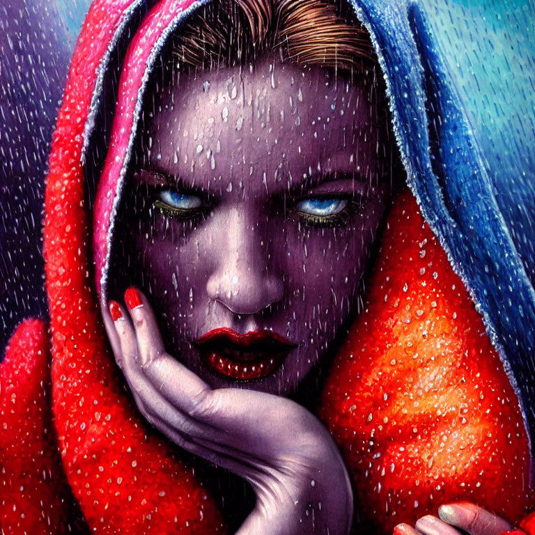 Blue-skinned person in red cloak under rain, deep in contemplation