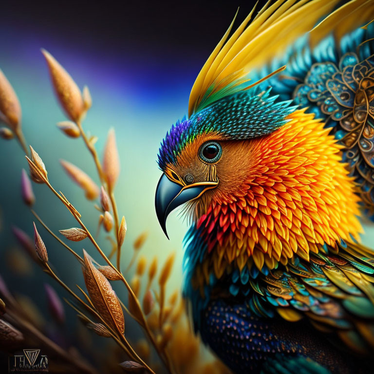 Vibrantly colored bird with iridescent feathers on blurred foliage background