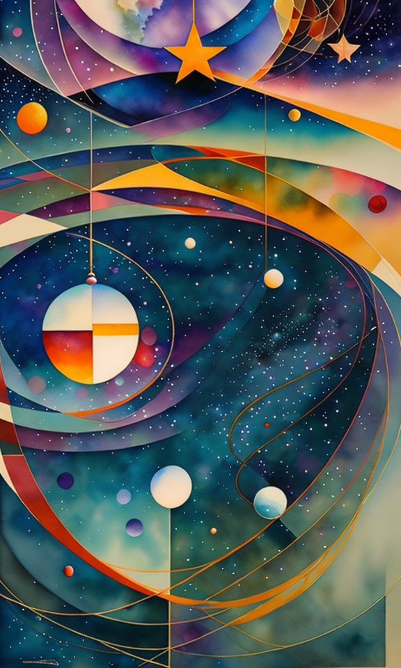 Vibrant cosmic artwork featuring stars, planets, and abstract shapes