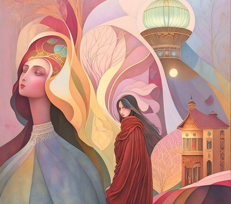 Illustration of two stylized women with colorful trees and architecture