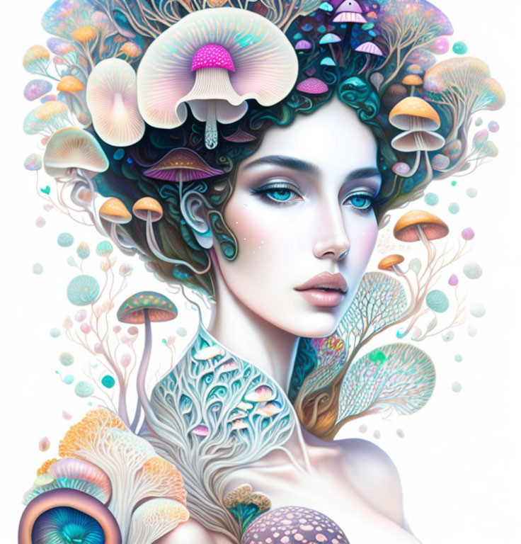 Colorful Mushroom Headdress Blends with Woman's Pastel Hair