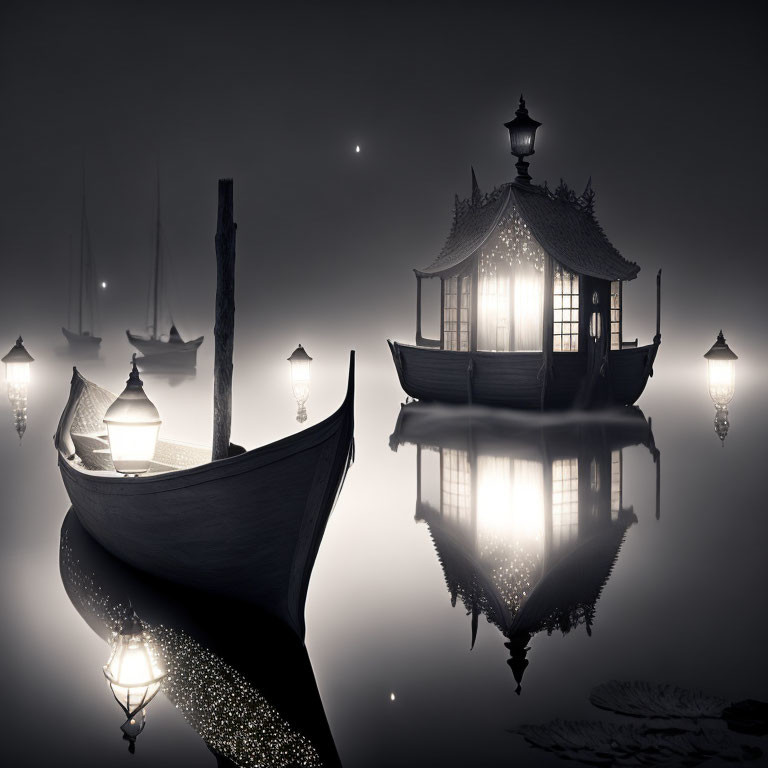 Monochrome traditional boat reflecting on calm waters in foggy ambiance