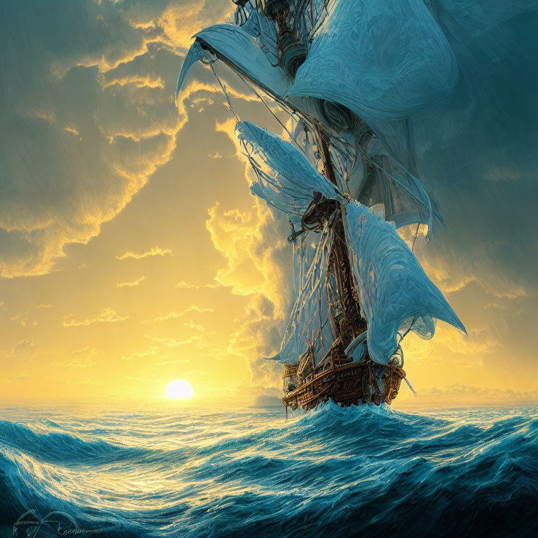 Majestic sailing ship with billowing sails on ocean waves at sunset