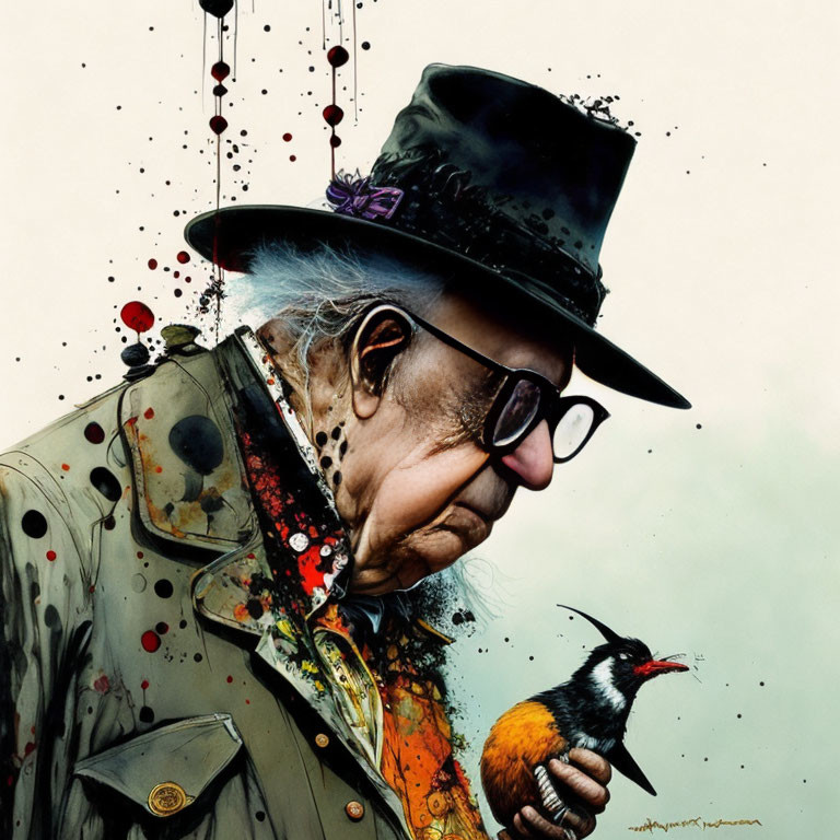 Colorful Paint Splattered Elderly Person with Top Hat, Sunglasses, and Bird