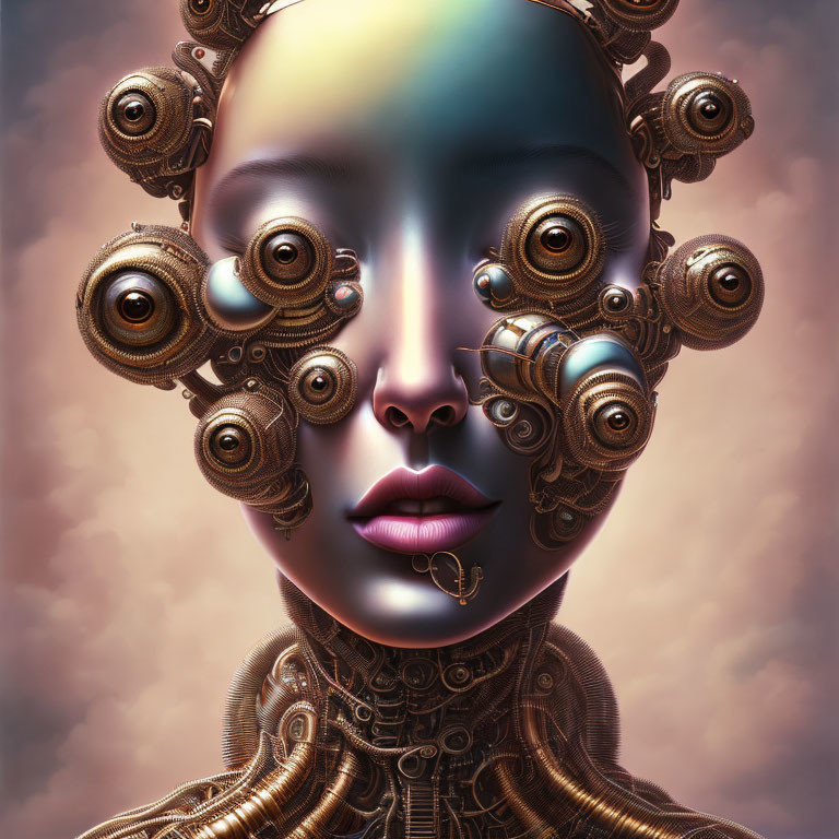 Steampunk-style humanoid face with multiple eyes on warm-toned cloudy background