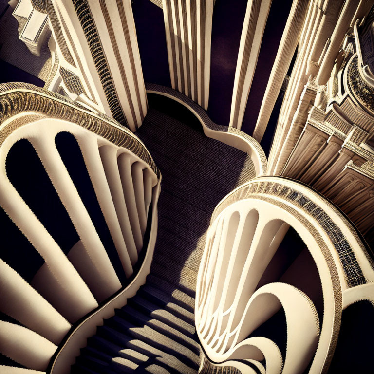 Symmetrical abstract staircase with harp-like design in warm sepia tones