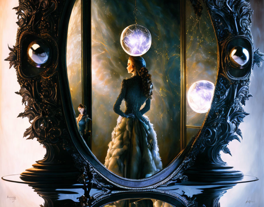 Period-dressed woman gazes at mirror with small figure and glowing orbs.