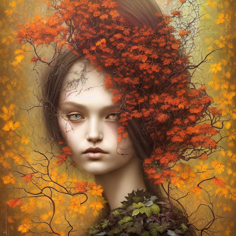 Surreal portrait of a woman with autumn leaves and red foliage in her hair