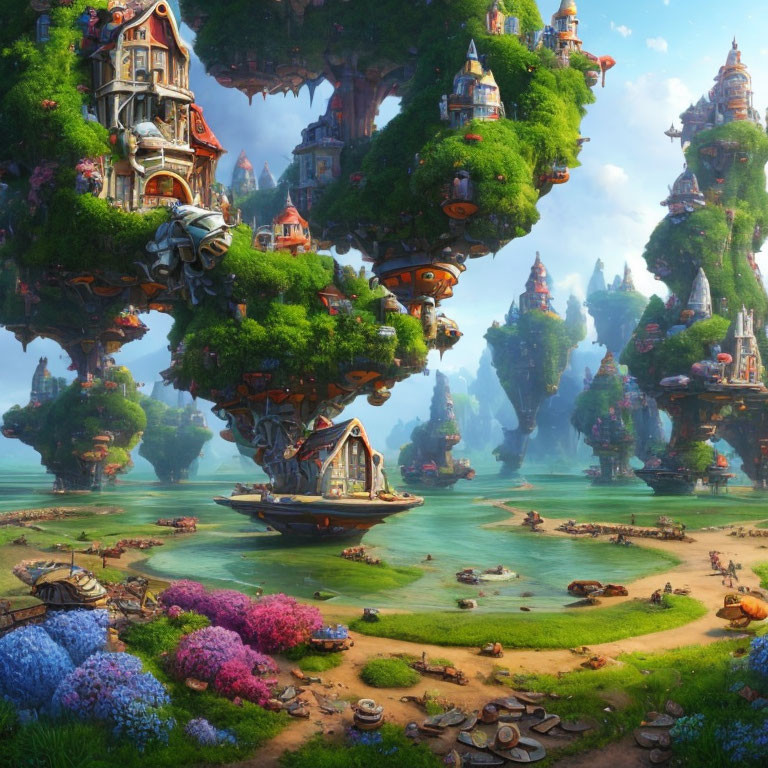 Fantastical landscape with floating islands and whimsical buildings.