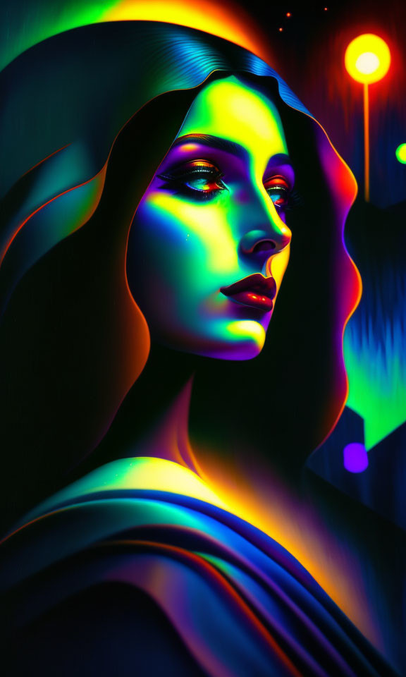 Colorful digital artwork of a contemplative woman with neon palette