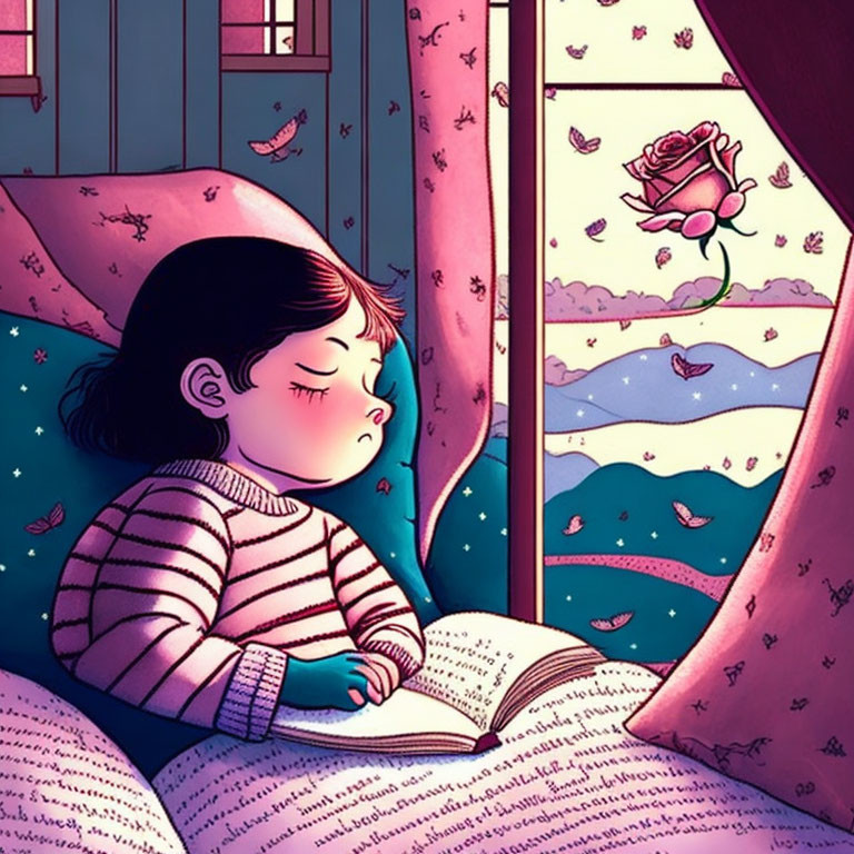 Child Sleeping with Book on Lap Against Whimsical Background