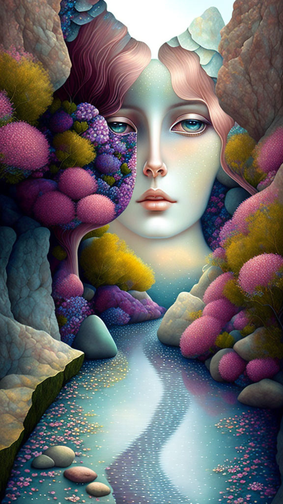 Surreal artwork: Woman's face merging with colorful landscape