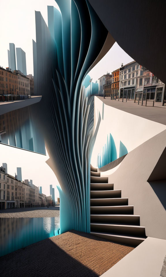 Modern staircase and surreal structure in urban setting with canal