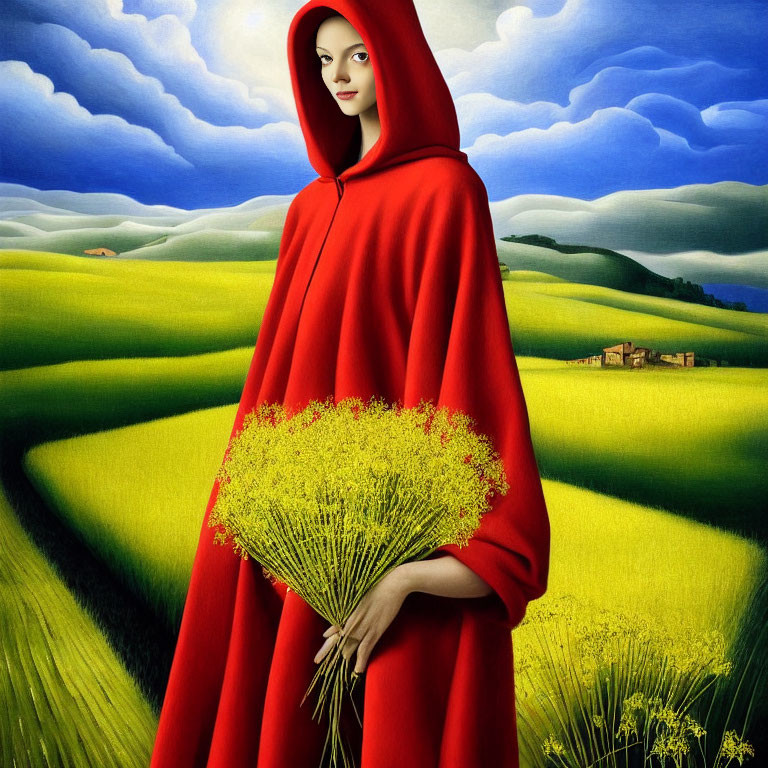 Woman in Red Cloak with Bouquet in Vibrant Field under Blue Sky