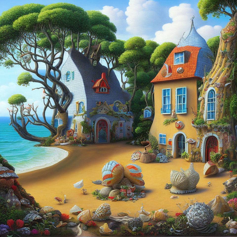 Charming fairytale cottages by calm sea with giant shells